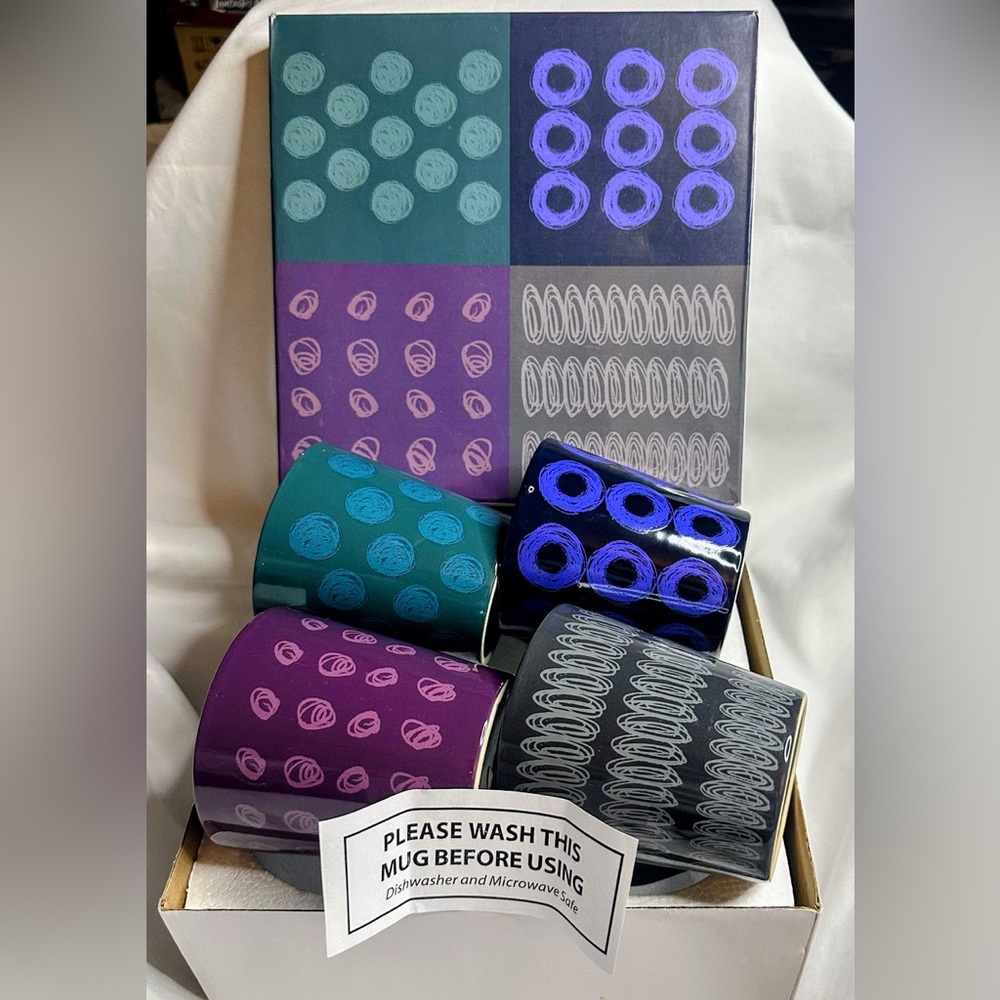 Coffee Cup Mugs Geometric Set 4 Purple, Black, Green, Gray Circles Waves